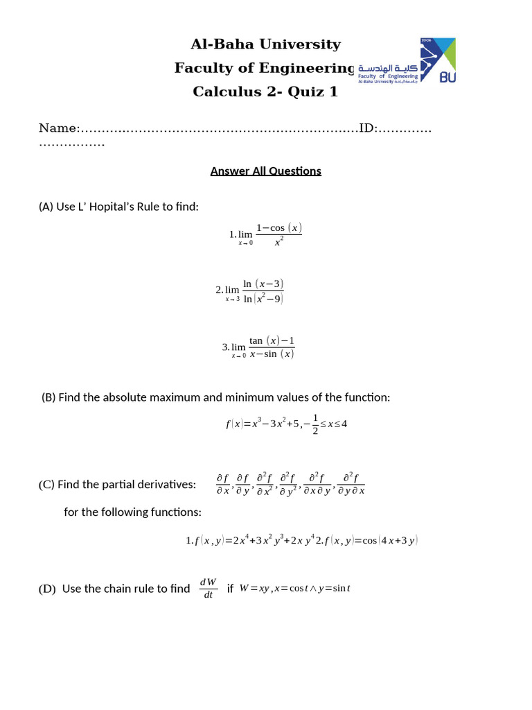 Calculus 2 Quiz 1 3rd 1445 2 | PDF | Real Analysis | Mathematical Objects