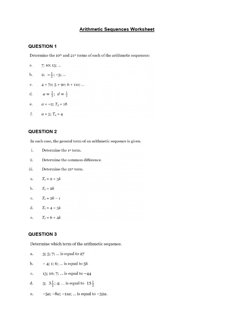 Arithmetic Sequences Worksheet | PDF
