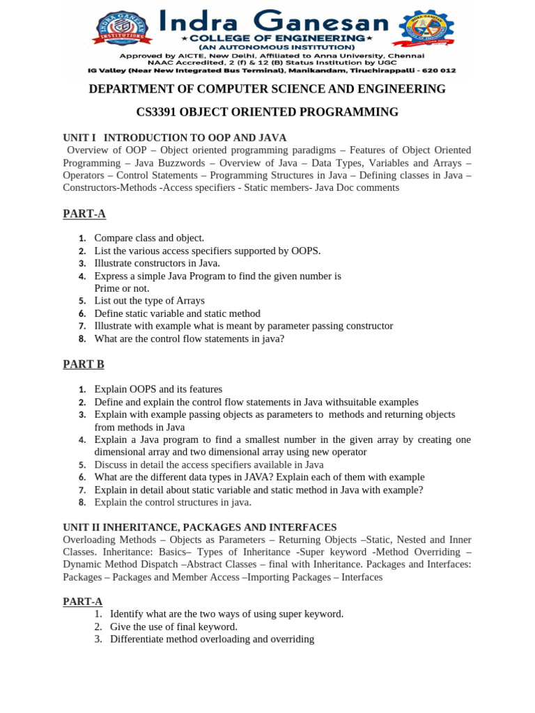 CS3391 QB IGCE | PDF | Method (Computer Programming) | Class (Computer ...