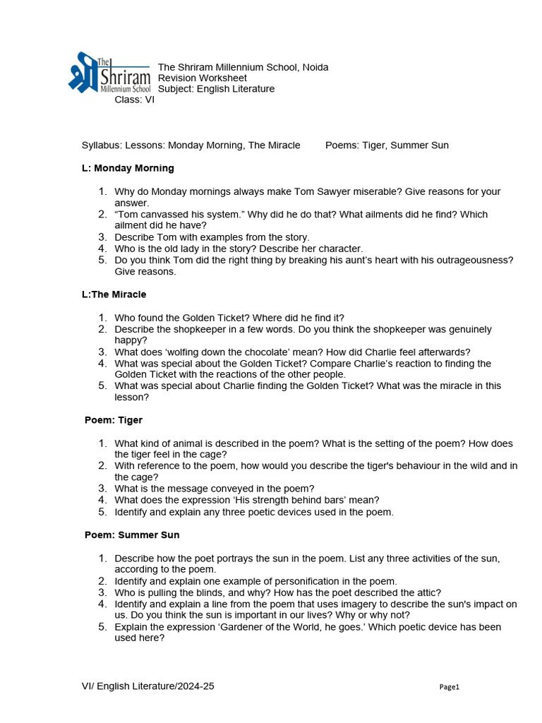 VI English Literature Revision Worksheet | PDF