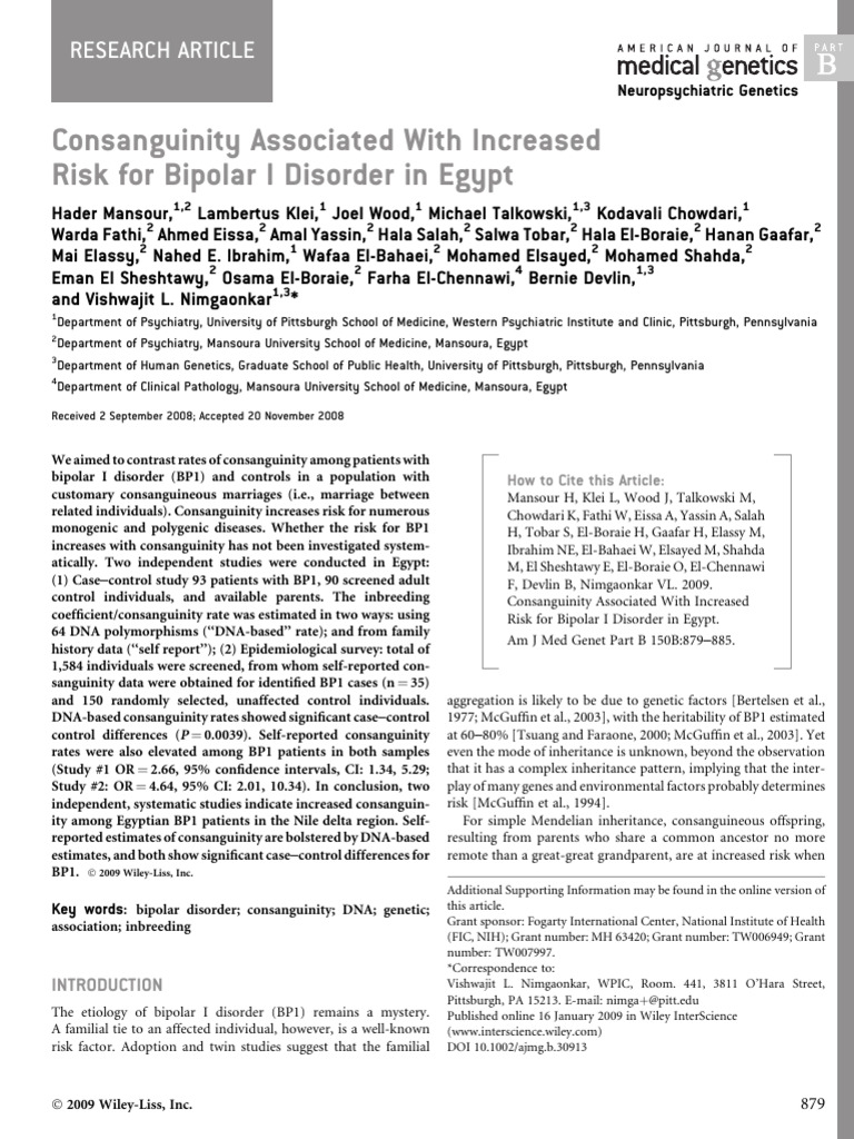 Consanguinity associated with increased risk for bipolar i disorder in