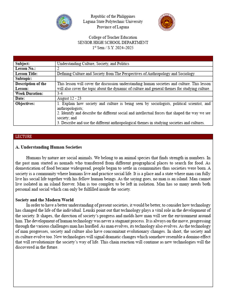 lesson 2 ucsp | PDF | Sociology | Society