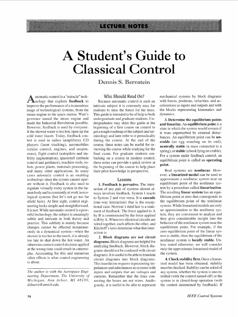A Student Guide To Clasical Control | PDF | Control Theory | Applied ...