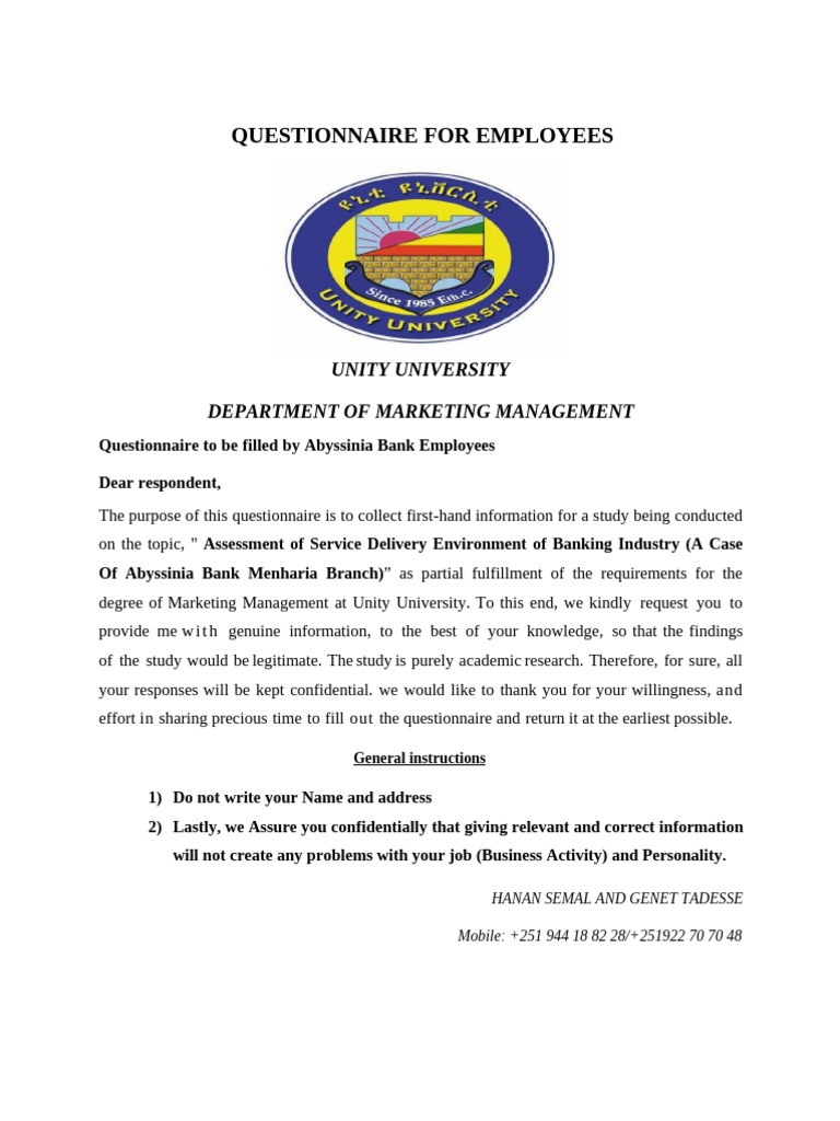 Abyssinia Bank Service Delivery Survey | PDF | Business