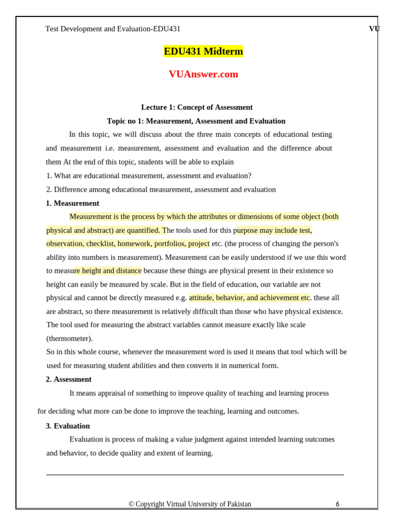 EDU431 Midterm Short Notes | PDF | Educational Assessment | Learning