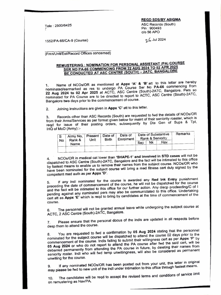 Nomination for PA Course PA-66 2024 | PDF | Military Organization