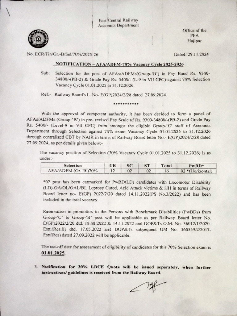 Notification 70% Selection 2025-26 | PDF