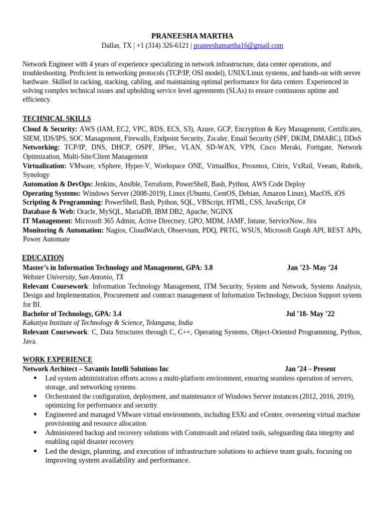 Network Engineer Profile: Praneesha Martha | PDF | Computer Network ...