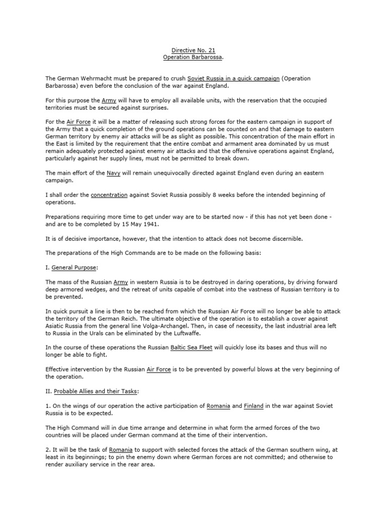 Operation Barbarossa Directive Overview | PDF | Operation Barbarossa ...