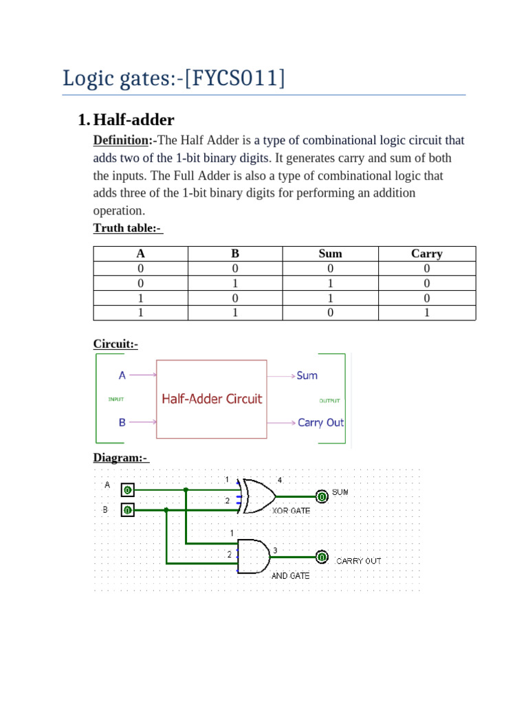 Half and Full Adder Logic Circuits | PDF