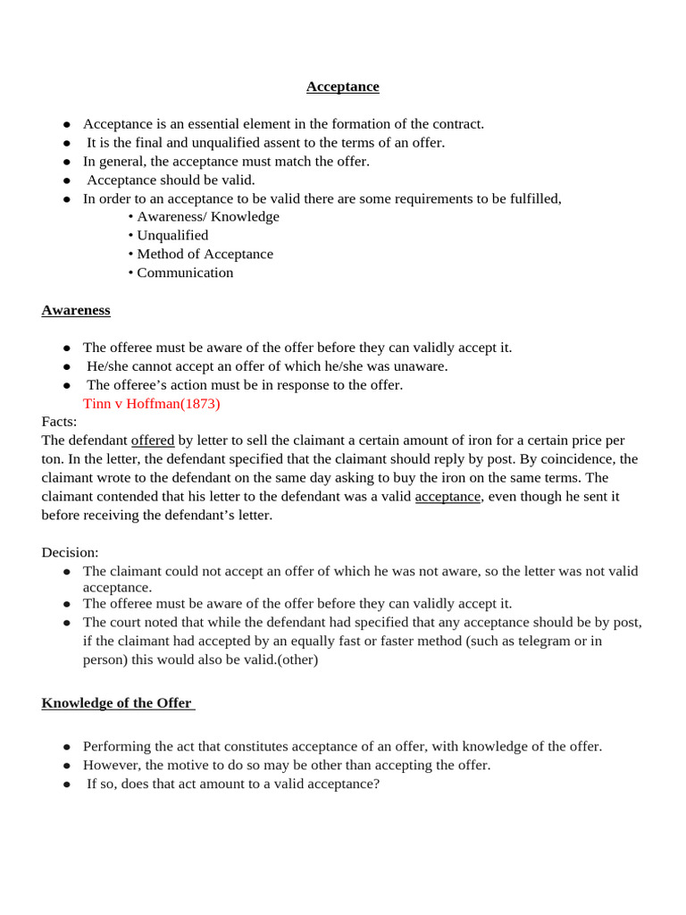 Acceptance | PDF | Offer And Acceptance | Common Law