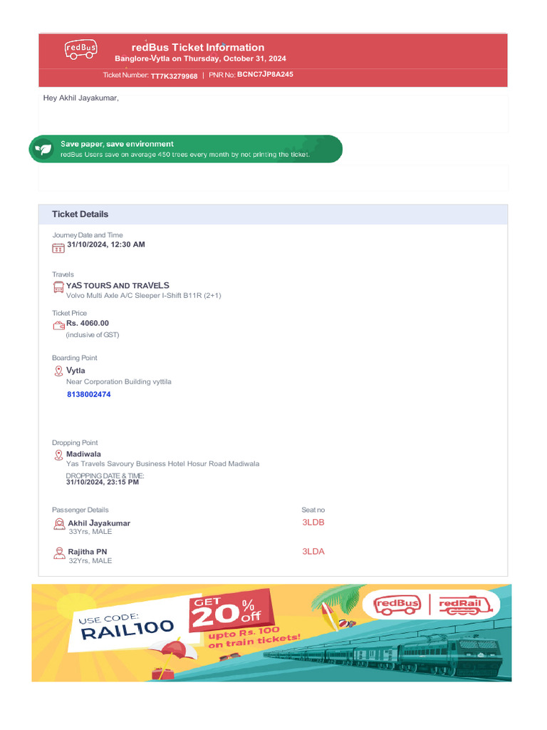 Bangalore to Vytla Bus Ticket Details | PDF