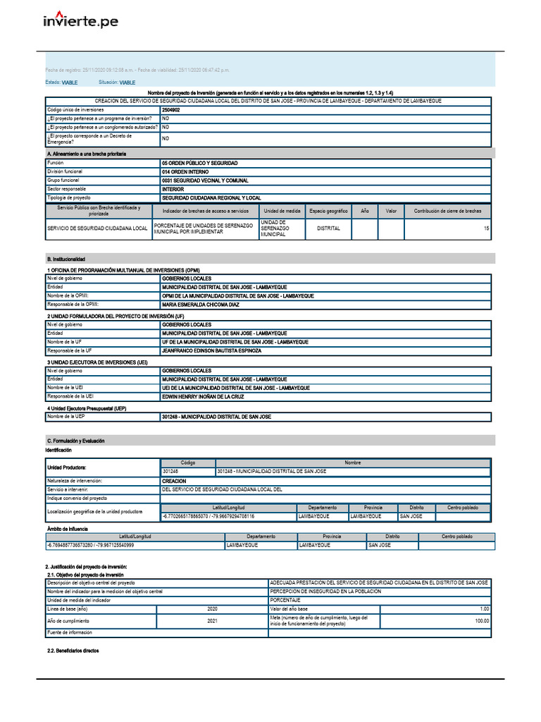 Formato 07-A Ficha Pip Seguridad Ciudadana San Jose | PDF | Vigilancia