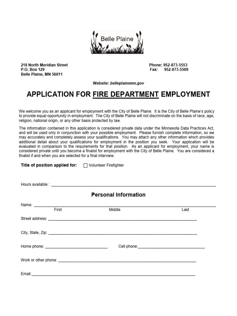 Belle Plaine Volunteer Firefighter Application | PDF | Military ...