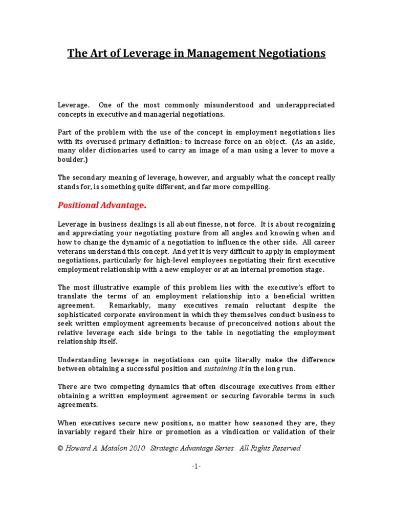 The Art of Leverage in Management Negotiations: Positional Advanta ...