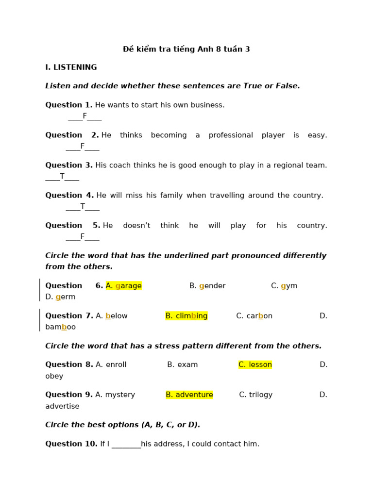 English Test for Grade 8 Students | PDF