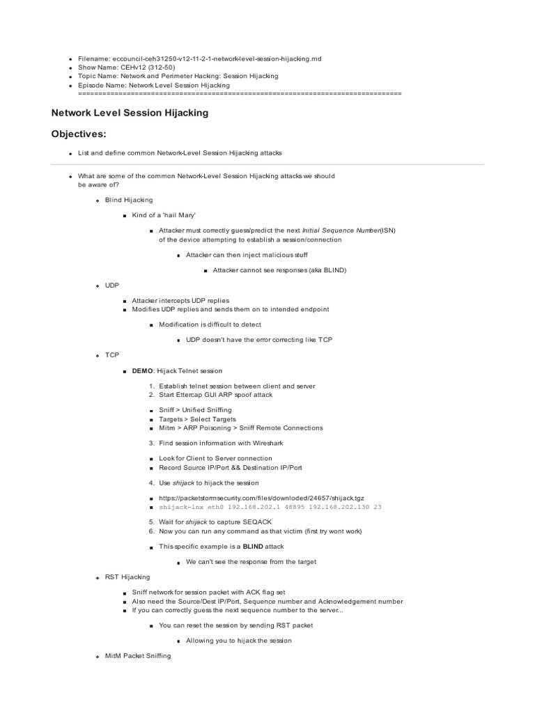 Network-Level Session Hijacking Guide | PDF | Transmission Control ...