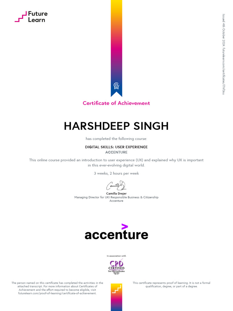 Accenture UX Course Completion Certificate | PDF | Cognitive Science ...