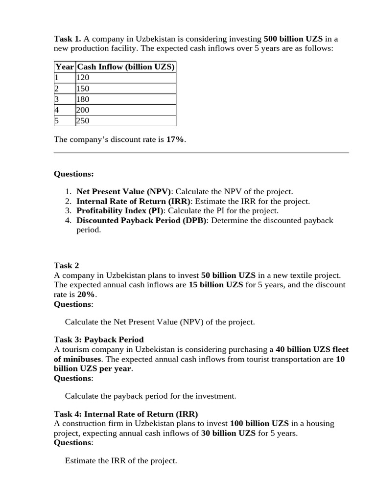Tasks | PDF | Net Present Value | Capital Budgeting