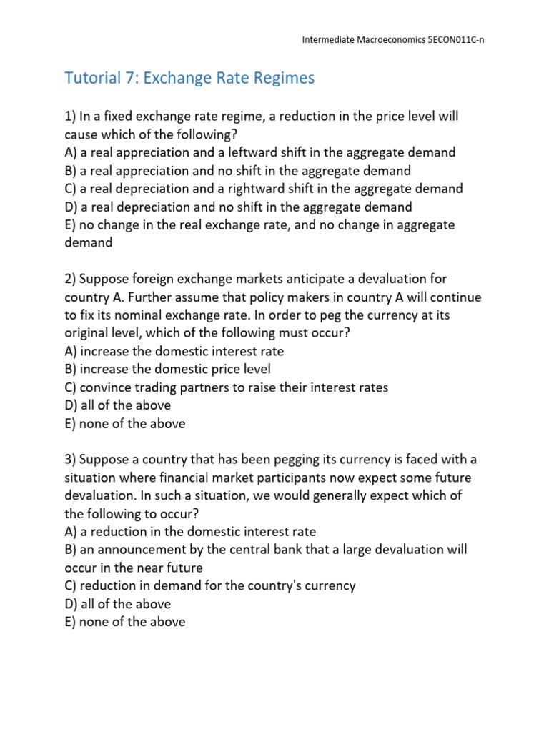 Tutorial 7 - Exchange Rate Regimes | PDF | Exchange Rate | Currency ...