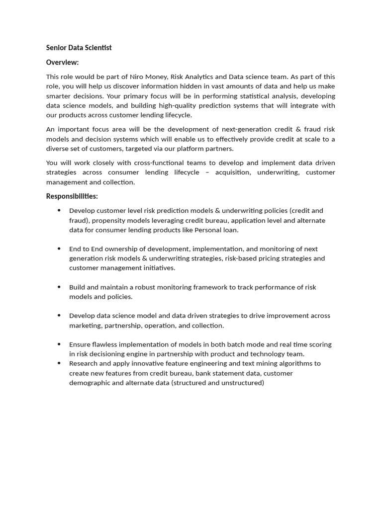 JD Senior Data Scientist - Risk Management | PDF | Data Science | Computing