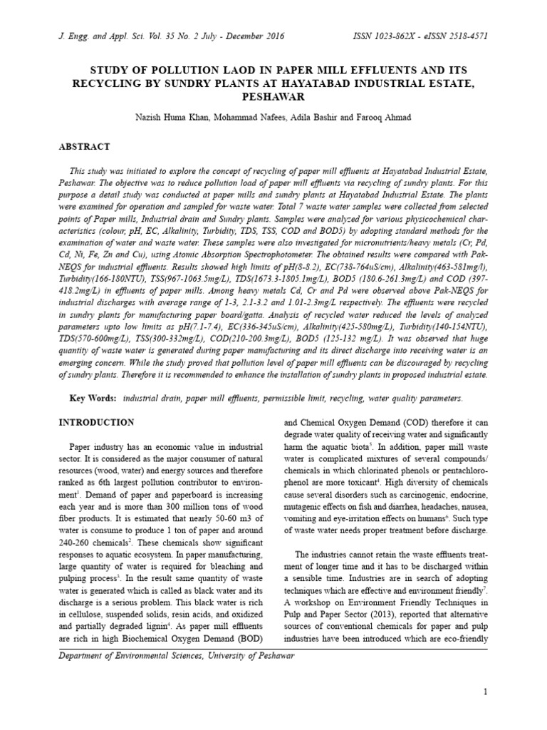 Study of Pollution Load in Paper Mill Ef | PDF | Water | Chemistry
