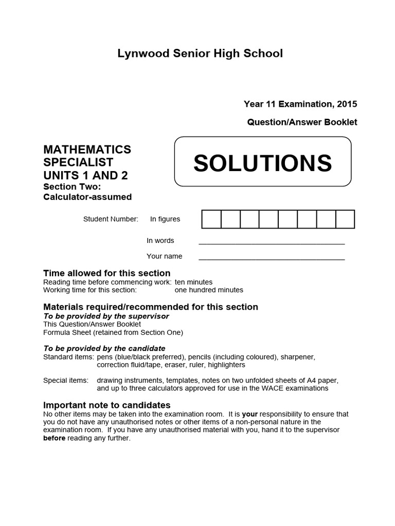 Waep 2015 Yr11 Spec u12 s2 Solns Nopw | PDF | Matrix (Mathematics ...