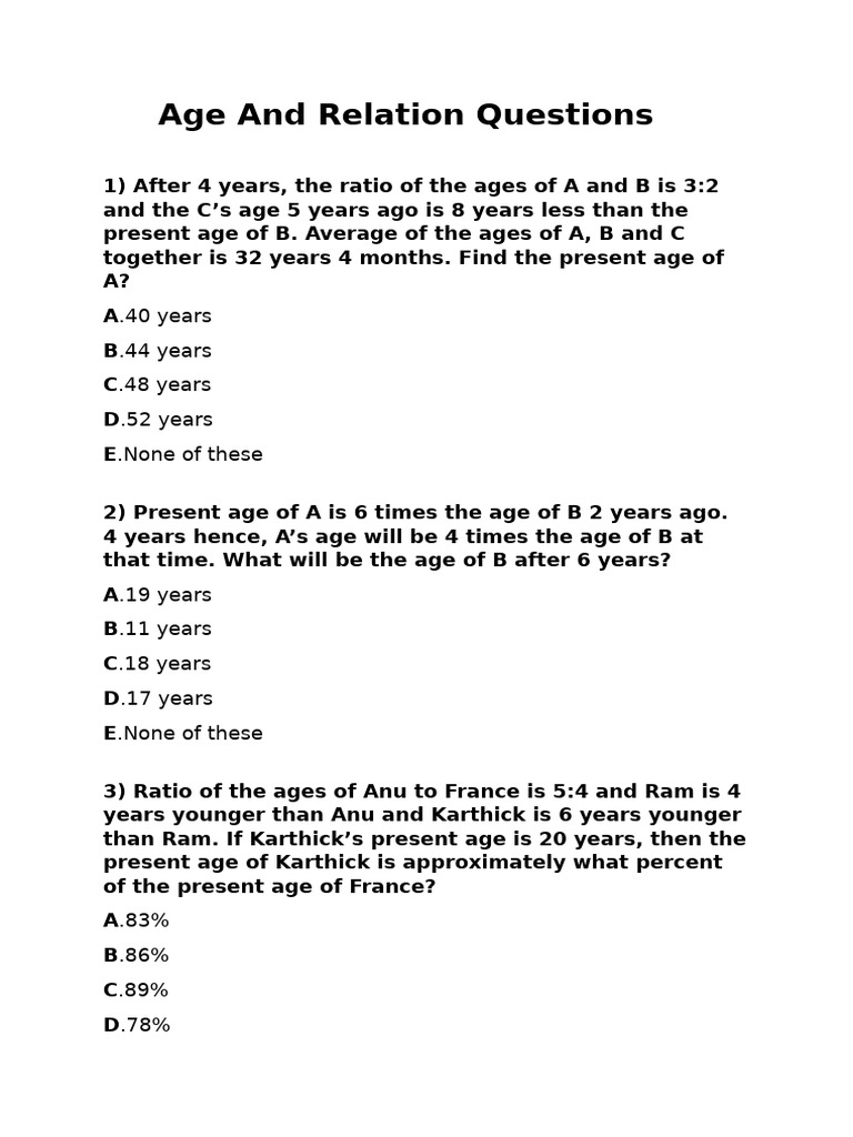 Age and Relation Questions | PDF | Mathematics | Division (Mathematics)