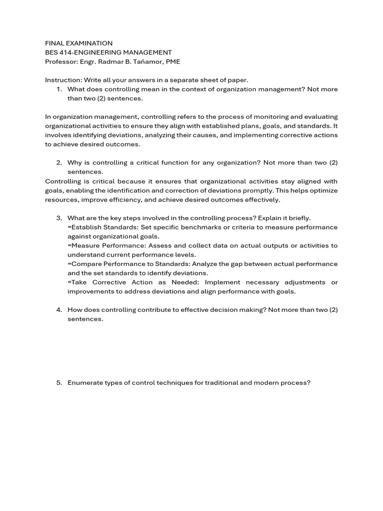 Finalexam Engineering Management | PDF | Marketing | Business