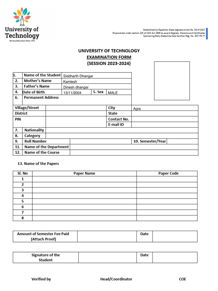 Uot Examination Form | PDF
