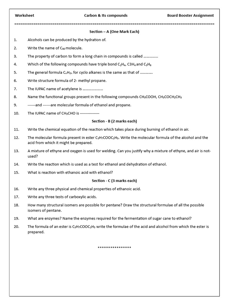 Carbon Compounds Worksheet Assignment | PDF