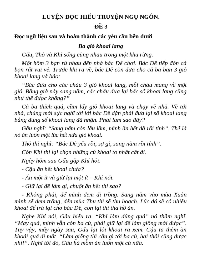 LUYỆN ĐỌC HIỂU TRUYỆN NGỤ NGÔN | PDF