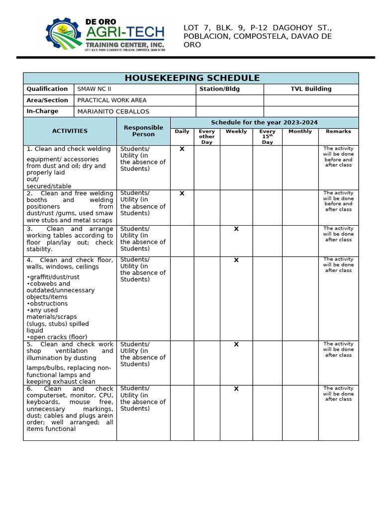 2023-2024 Housekeeping Schedule for SMAW | PDF | Housekeeping