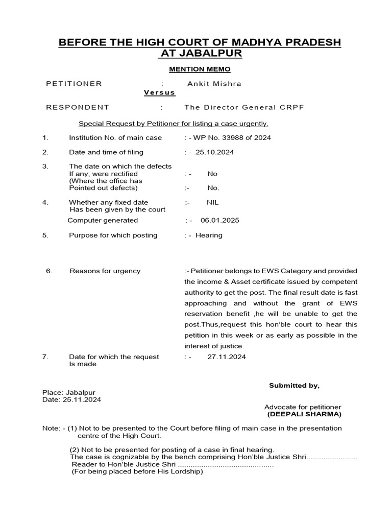 Urgent Hearing Request for EWS Case | PDF