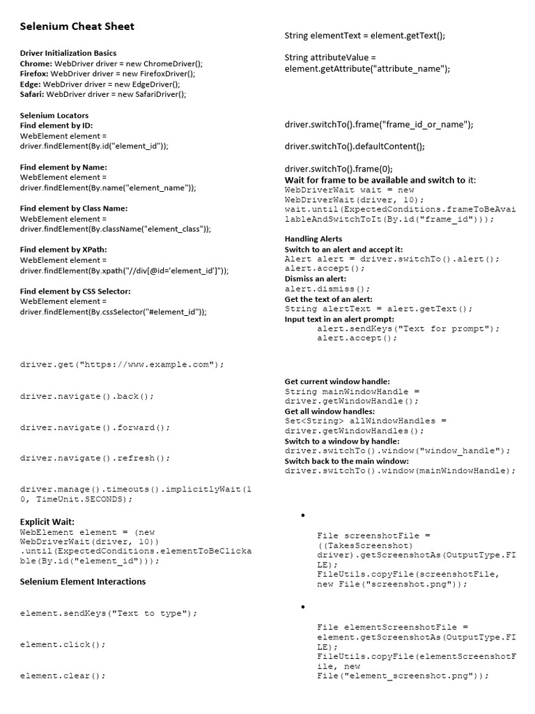 seleniumwebdriver_cheatsheet | PDF | Selenium (Software) | Computing
