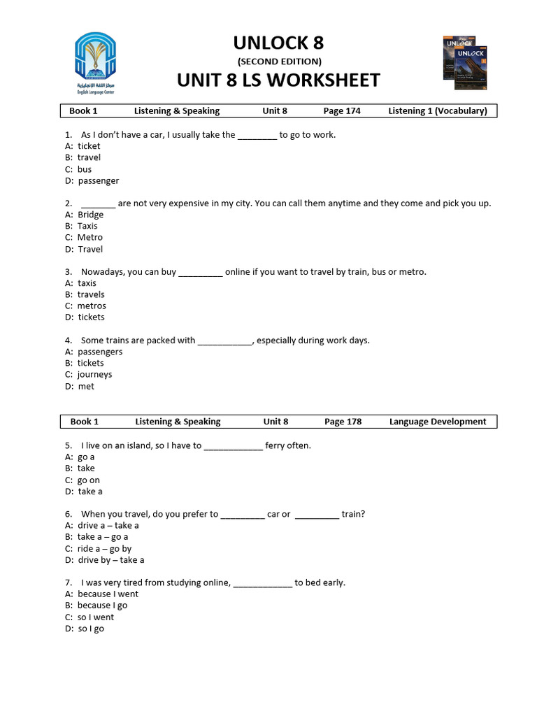 Unlock Worksheet B1 U8 L&S | PDF | Land Transport | Transport