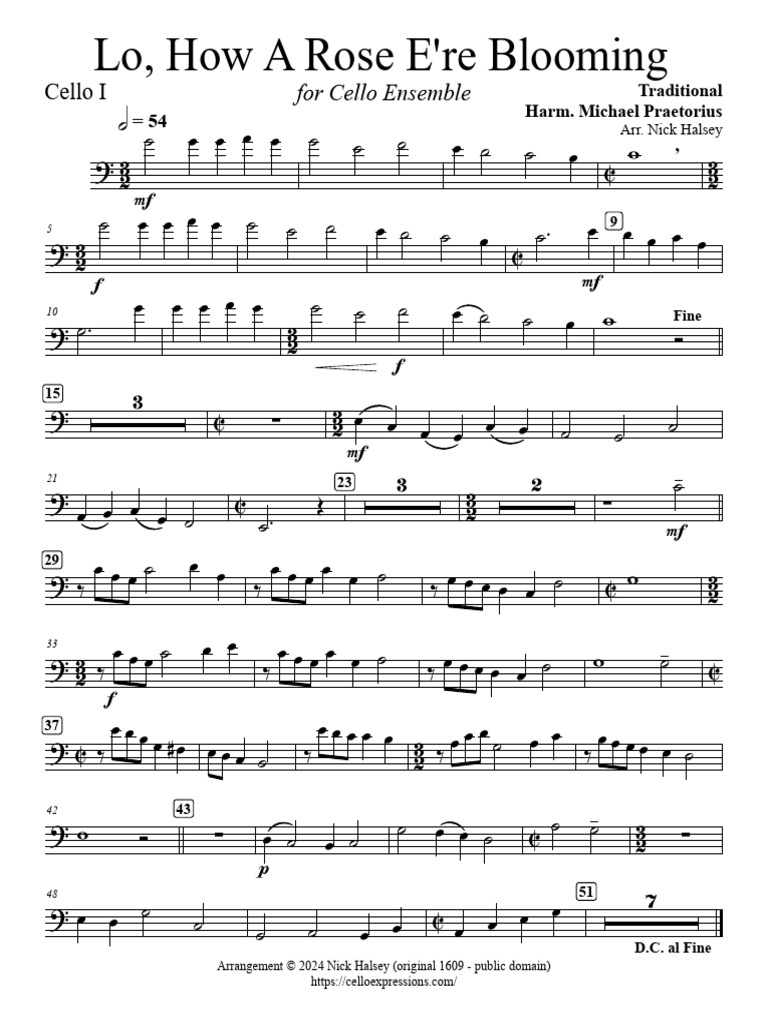 Lo How A Rose Ere Blooming Cello Ensemble Parts | PDF