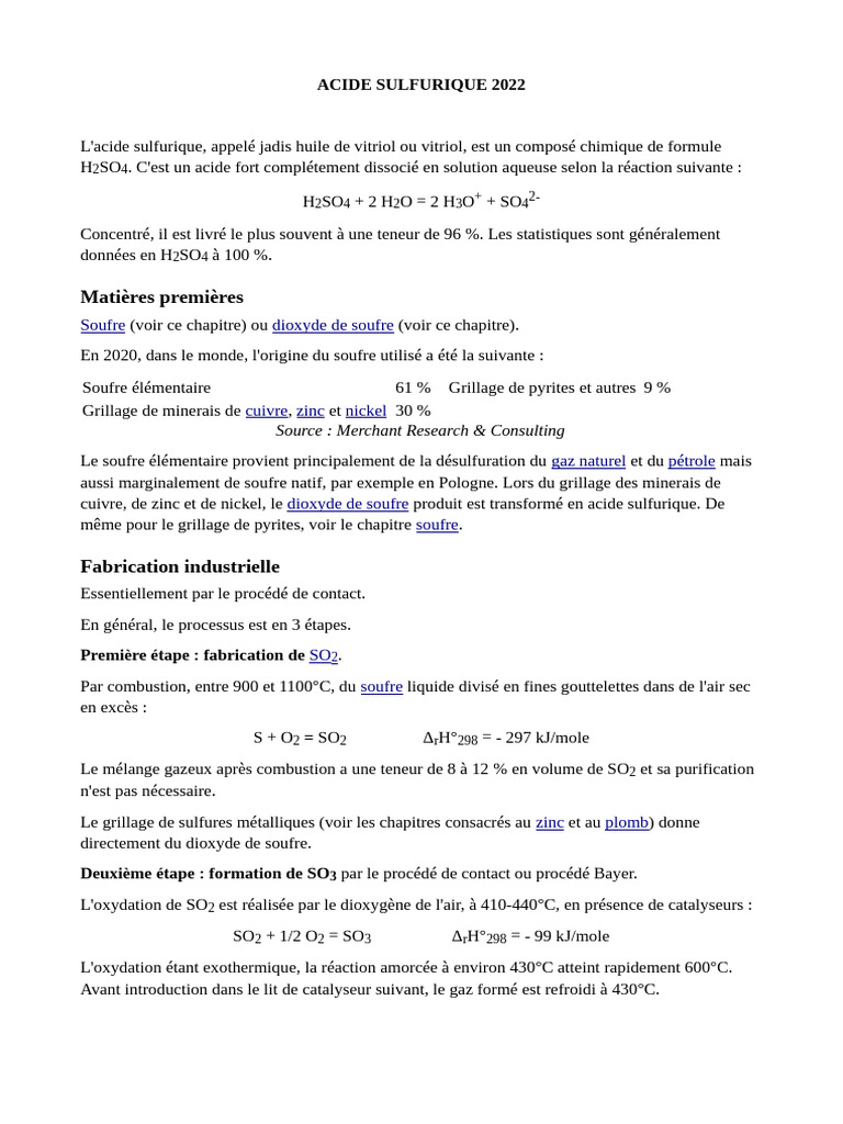 Production et caractéristiques de H2SO4 | PDF | Acide sulfurique ...