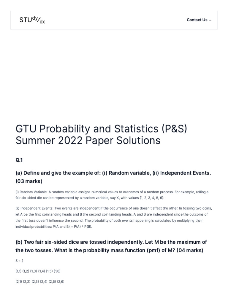 GTU Probability and Statistics Summer 2022 Pyq With Solution | PDF ...