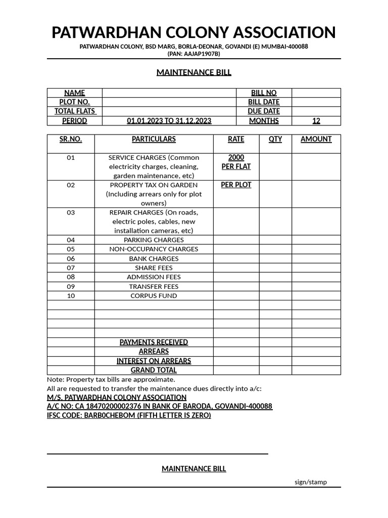 Patwardhan Colony Maintenance Bill | PDF | Property Tax | Fee