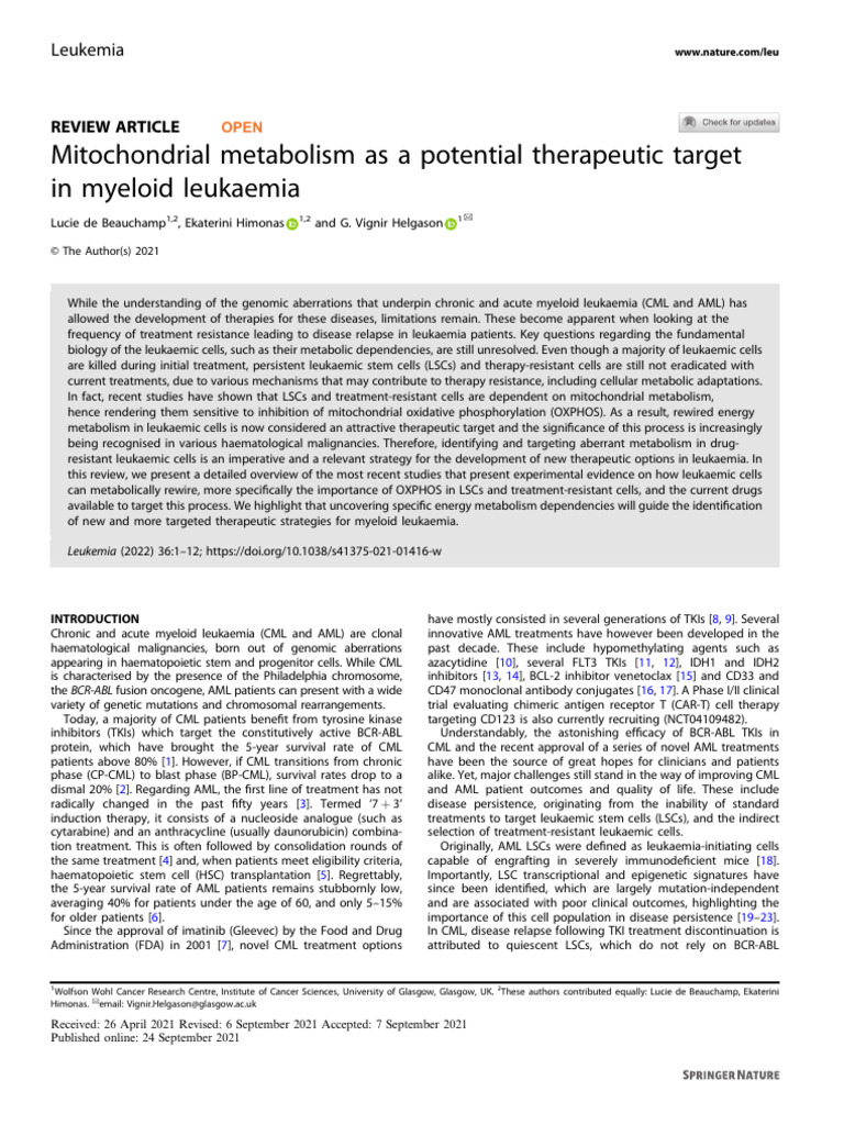 Targeting Mitochondrial Metabolism in Leukemia | PDF | Mitochondrion ...
