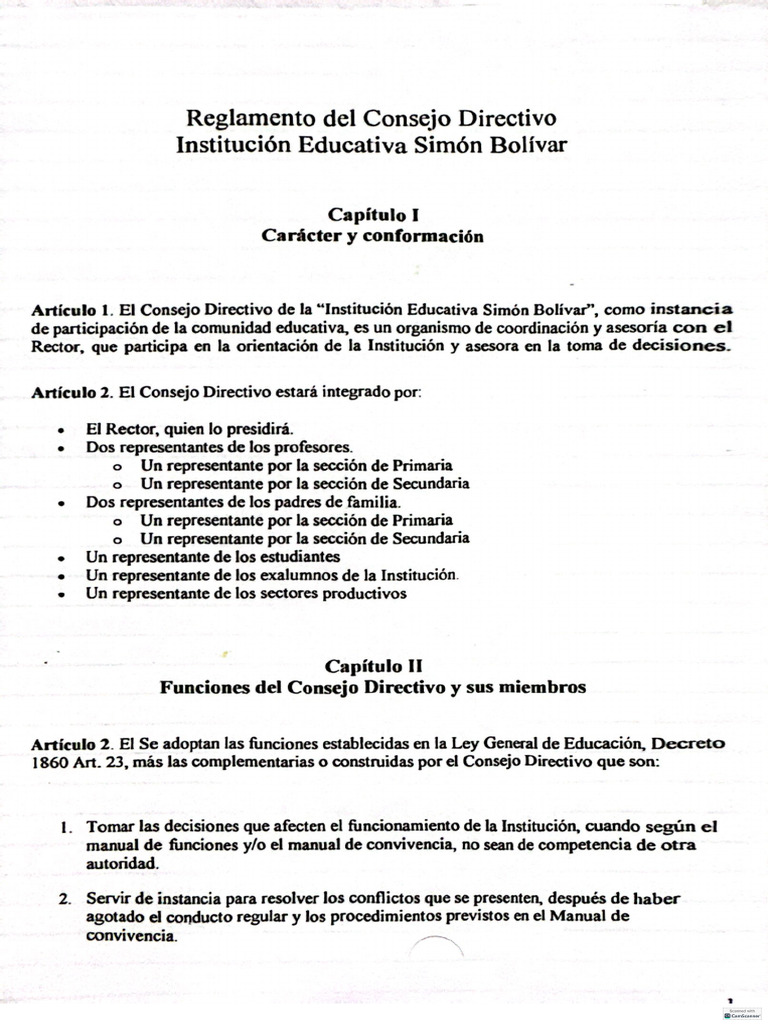 Reglamento Del Consejo Directivo de La Institución Educativa | PDF