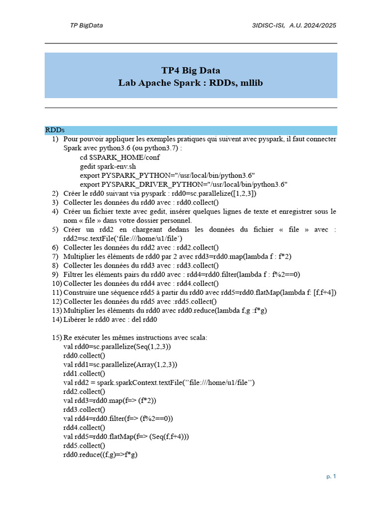 TP Big Data : RDDs et K-means avec Spark | PDF | Gestion informatique ...