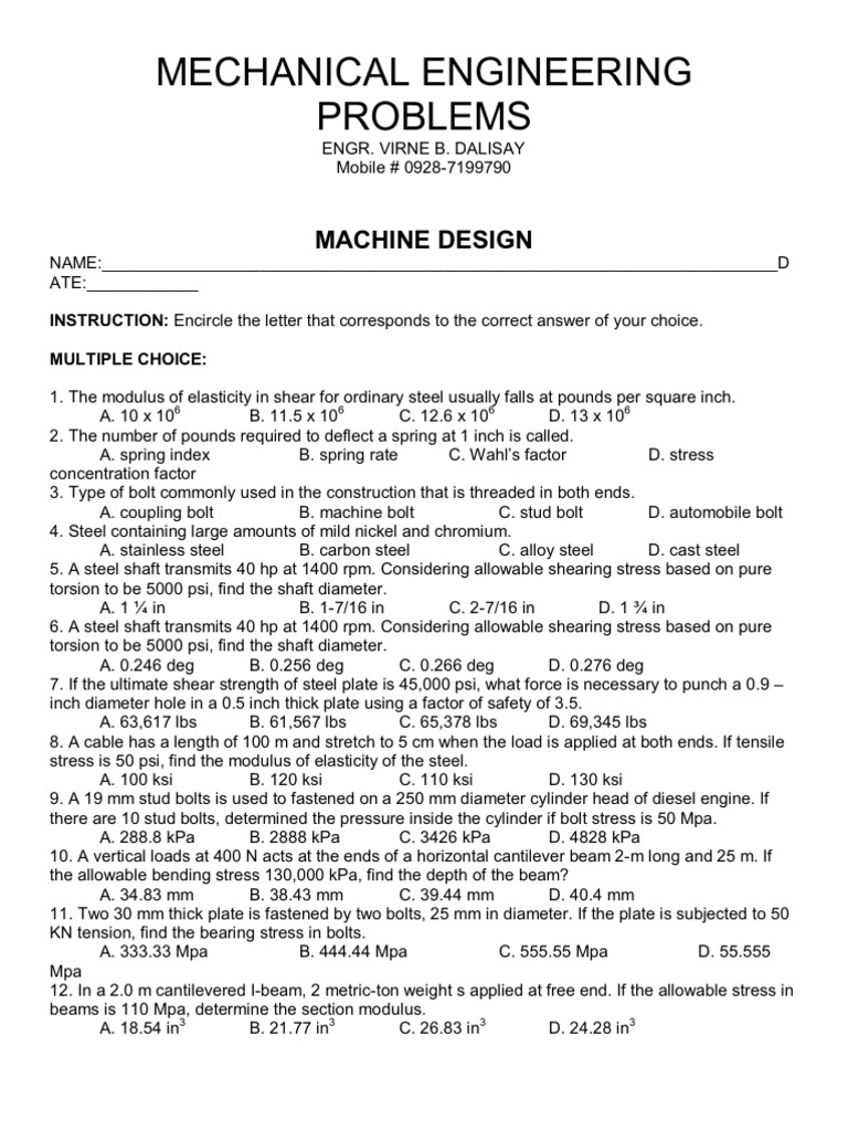 Mechanical Engineering Problems PDF