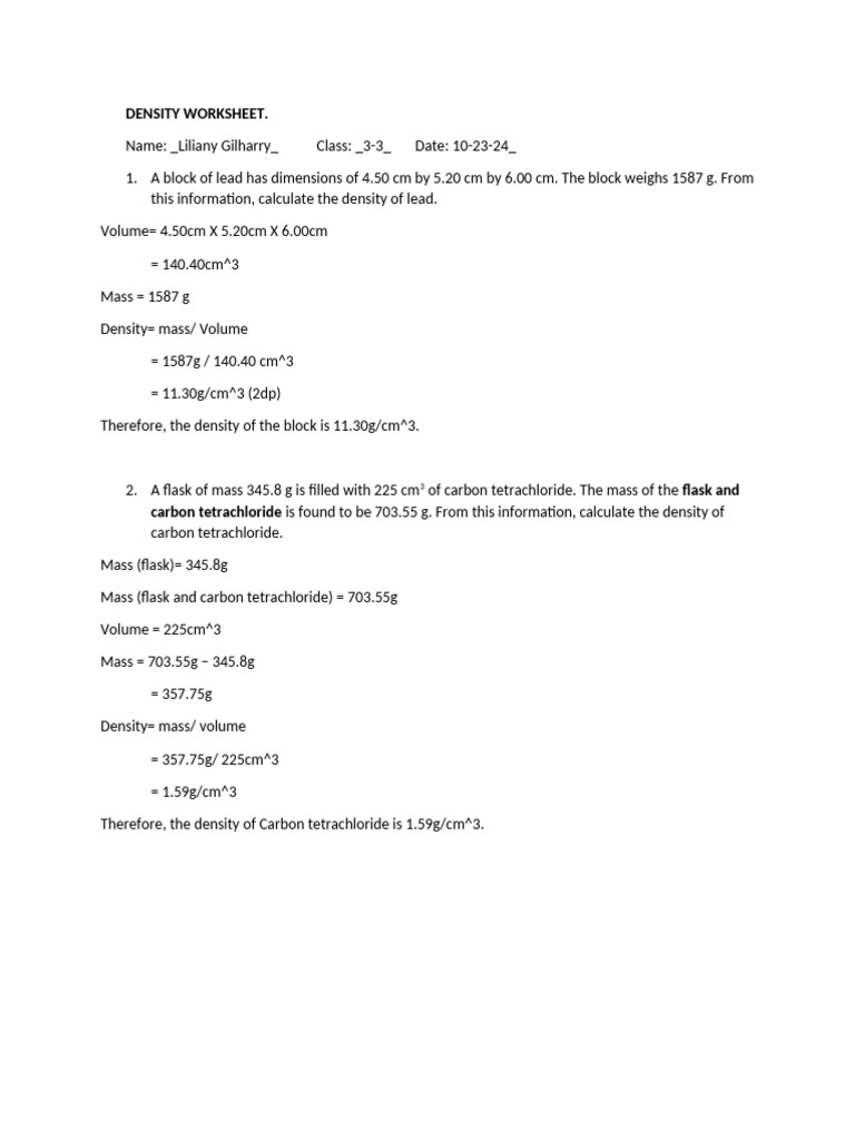 DENSITY WORKSHEET Liliany | PDF