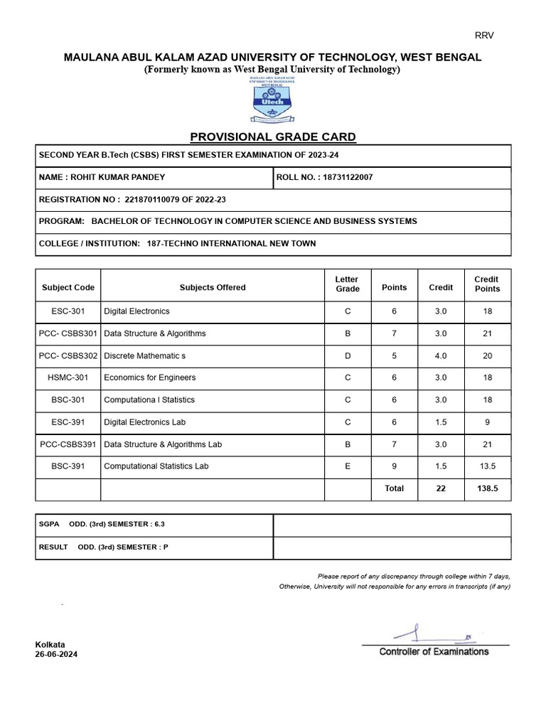 B.Tech Provisional Grade Card 2023-24 | PDF | Computer Science ...