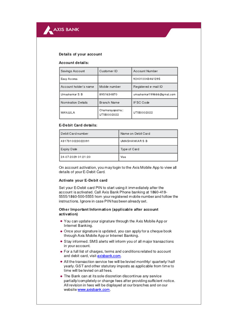 Axis Bank Account Activation Guide | PDF