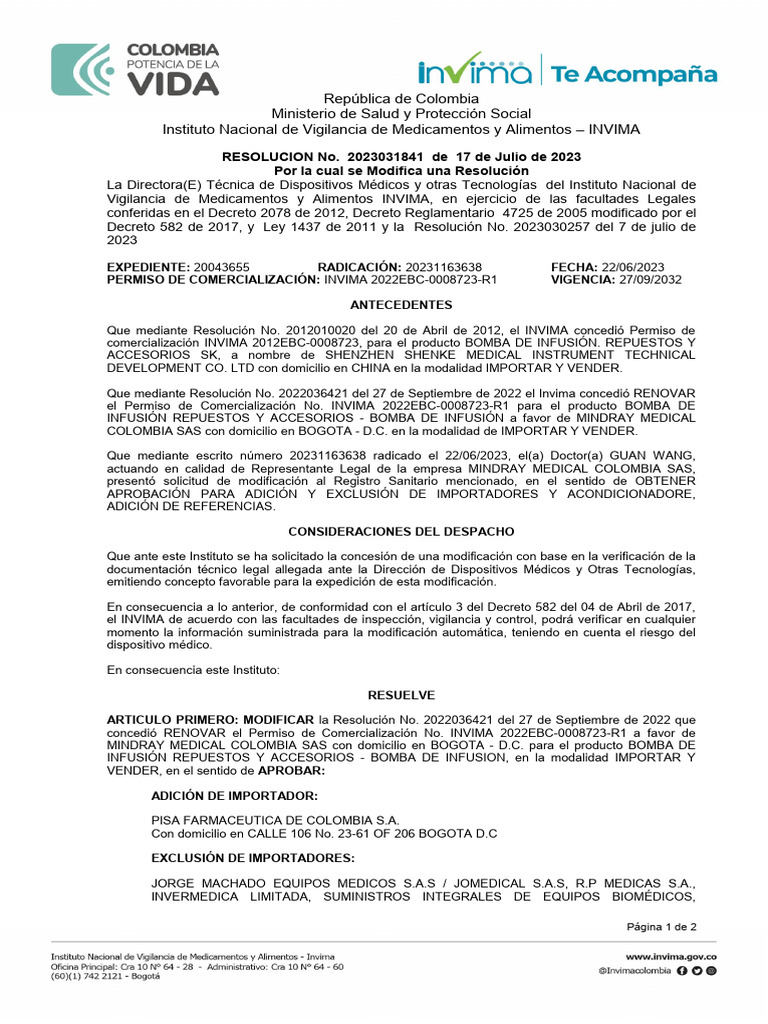Modificación de Permiso INVIMA 2023 | PDF | Colombia