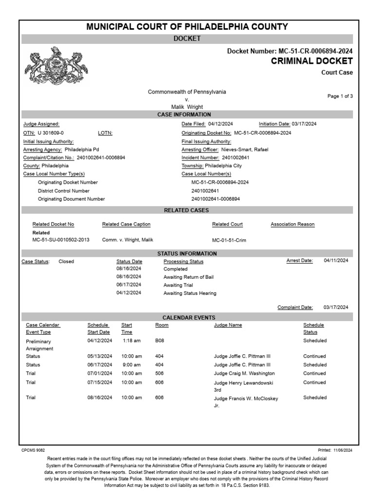 CP Docket Sheet | PDF | Bail | State Court (United States)