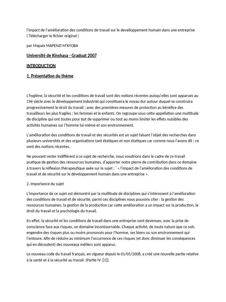 Impact des Conditions de Travail sur le Développement | PDF | Sécurité ...